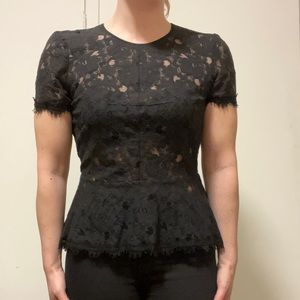 BCBG Max Azria Short Sleeve Black Lace Peplum Top